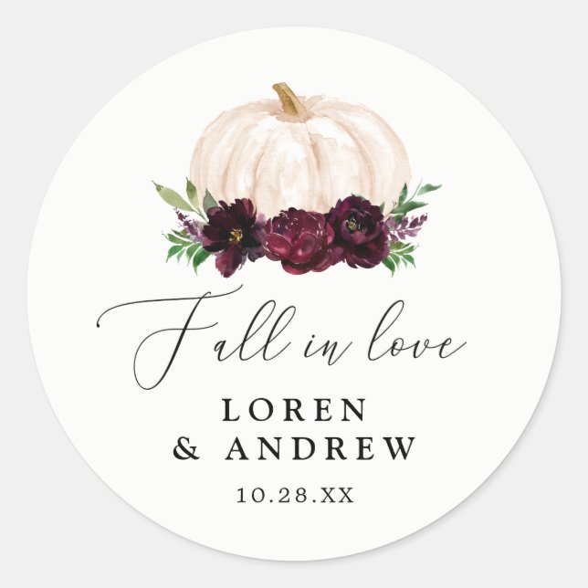 Sticker Rond Boho Fall In Love Floral Citrouille Mariage (Devant)