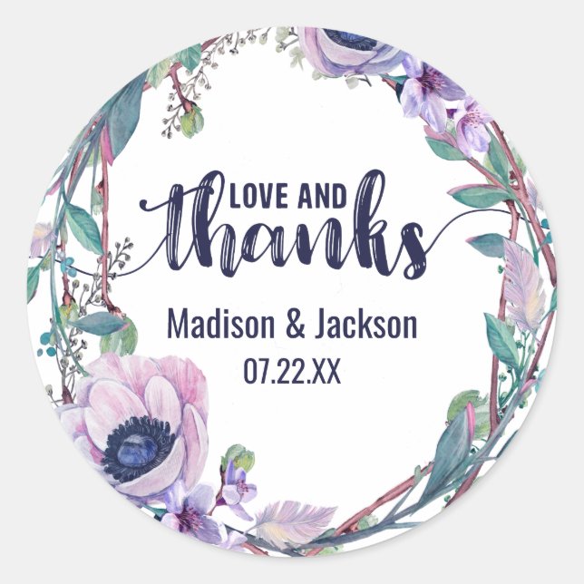 Sticker Rond Boho Feather & Floral Wreath Wedding Favor (Devant)