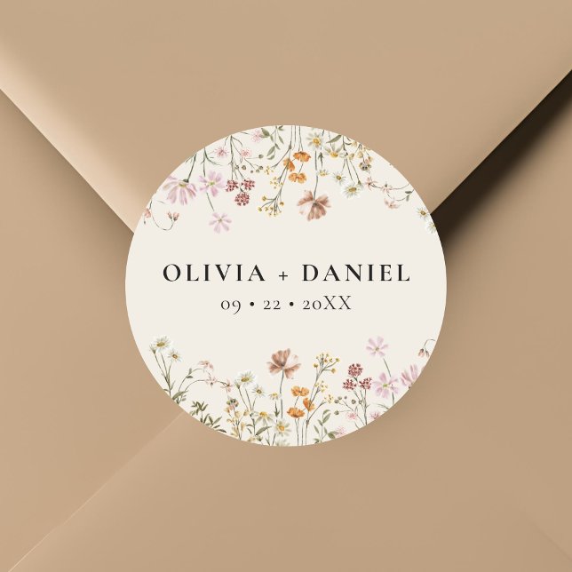 Sticker Rond Boho Fleur sauvage Beige Garden Mariage (Créateur téléchargé)