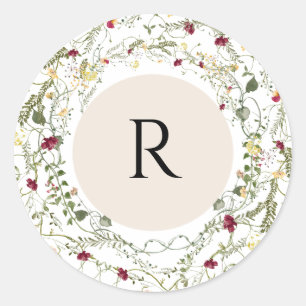 Sticker Rond Boho Fleur sauvage Monogramme Enveloppe ronde Scea