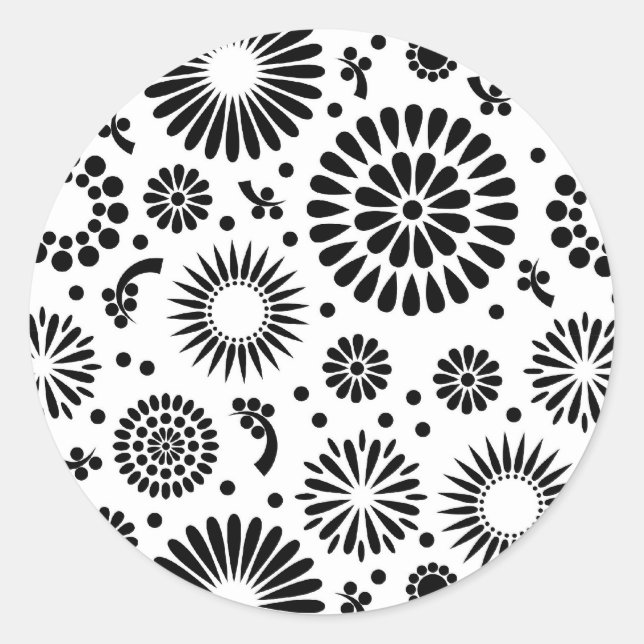 Sticker Rond Boho fleurs Motif floral vectoriel noir et blanc (Devant)