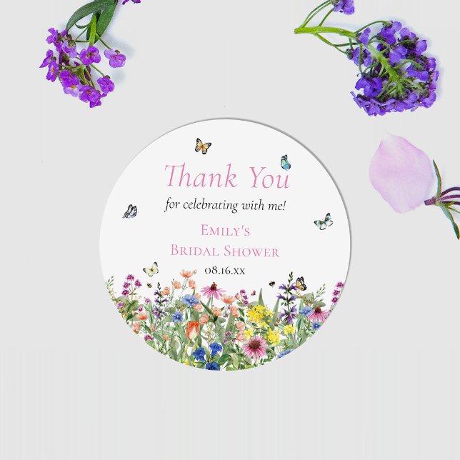 Sticker Rond Boho Fleurs sauvages et papillons Merci (Créateur téléchargé)
