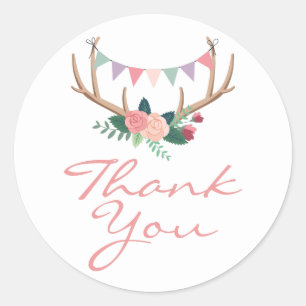 Sticker Rond Boho Floral Antlers & Shabby Rose Party Merci
