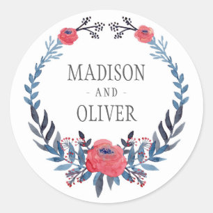 Sticker Rond Boho Floral Aquarelle Roses rouges   MARIAGE