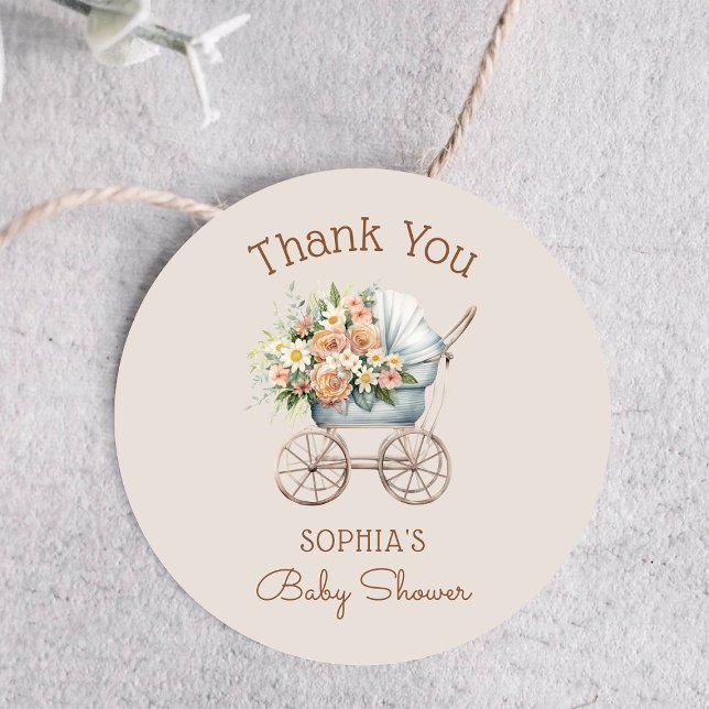 Sticker Rond Boho Floral Baby Carriage Baby shower Merci (Créateur téléchargé)
