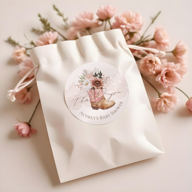 Sticker Rond Boho Floral Western Pink Cowgirl Boot Merci (Boho Floral Western Pink Cowgirl Boot Thank You Classic Round Sticker)