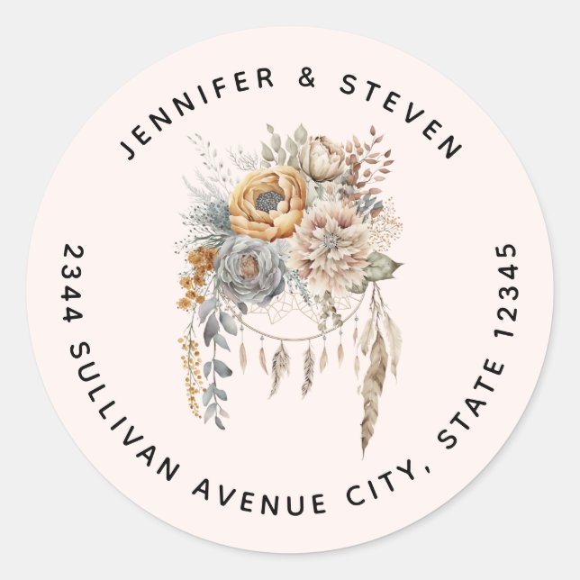 Sticker Rond Boho Flowers and Dreamcatcher - Adresse (Devant)