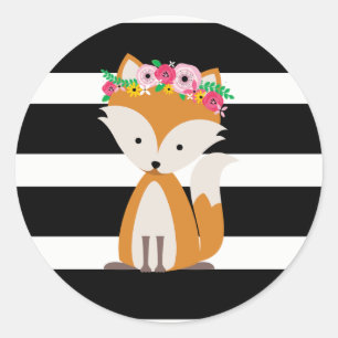 Sticker Rond Boho Fox Black + White Stripe Baby shower