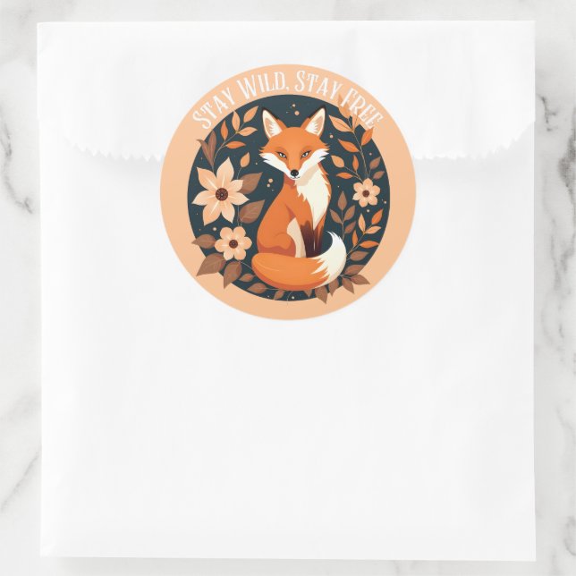 Sticker Rond Boho Fox "Stay Wild, Stay Free" Woodland Design (Sac)