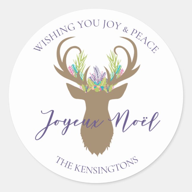 Sticker Rond Boho French Christmas Joie Reindeer Typographie (Devant)