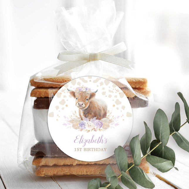 Sticker Rond Boho Highland Cow Violet Roses Floral 1er annivers (Créateur téléchargé)