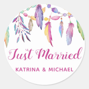 Sticker Rond Boho Just Marié Plumes Mariage Amérindien
