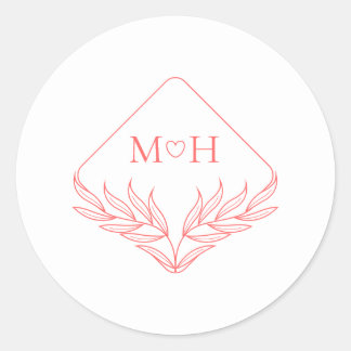 Sticker Rond Boho Leaf Monogram Coral Rose Mariage