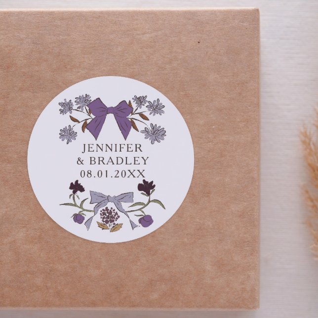 Sticker Rond Boho Lilac Ribbons Floral Wedding Favoriser (Créateur téléchargé)