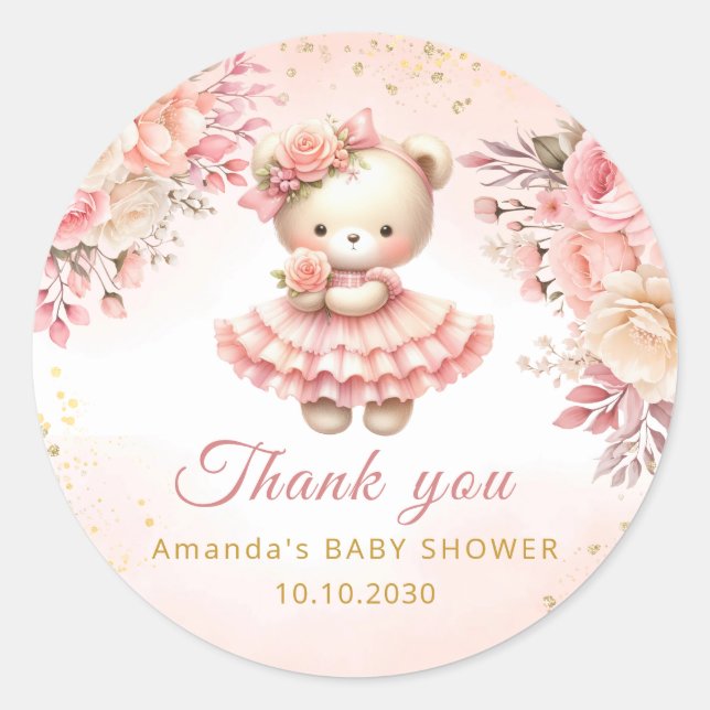Sticker Rond Boho mignon ours Teddy fille Baby shower Merci (Devant)