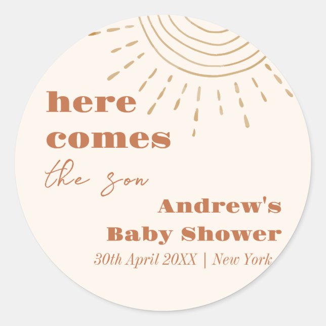 Sticker Rond Boho Moderne Ici Vient Le Baby shower Fils (Devant)