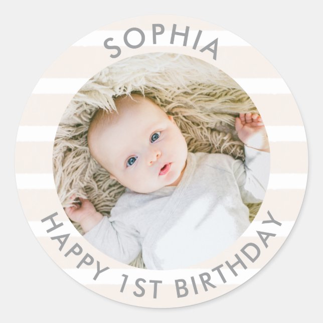 Sticker Rond Boho moderne Joyeux 1er anniversaire photo (Devant)