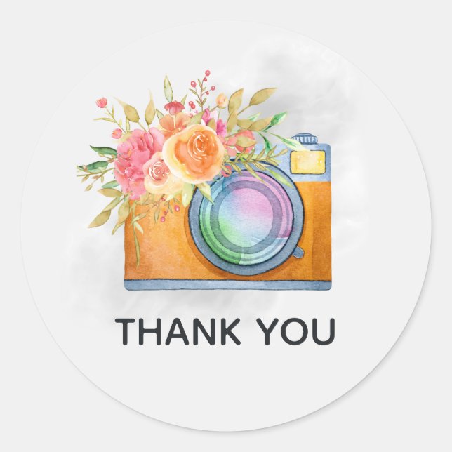 Sticker Rond Boho Orange Caméra & Bouquet Floral Aquarelle (Devant)