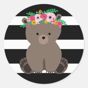 Sticker Rond Boho Ours noir + blanc Baby shower à rayures