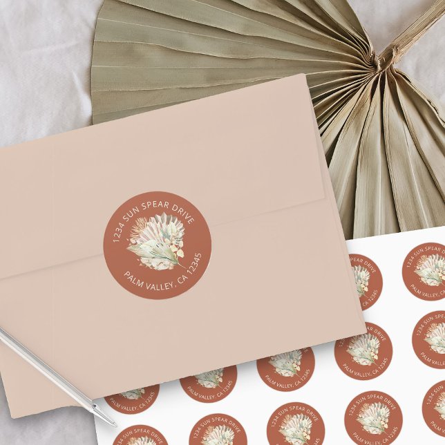 Sticker Rond Boho Palm séché Foliage Terracotta Adresse de reto (Burnt orange round address labels from my Boho Palm Bridal Shower Collection)