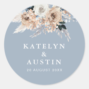 Sticker Rond boho pampas bleu poussiéreux mariage