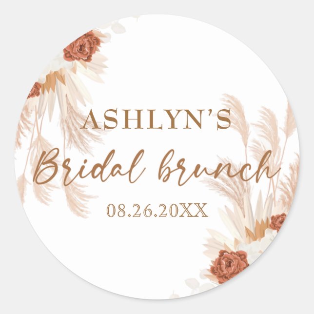 Sticker Rond Boho Pampas Herbe Élégante Bridal Brunch Terracott (Devant)