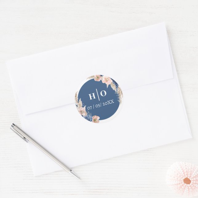 Sticker Rond Boho pastel bleu & blush chic Mariage (Enveloppe)
