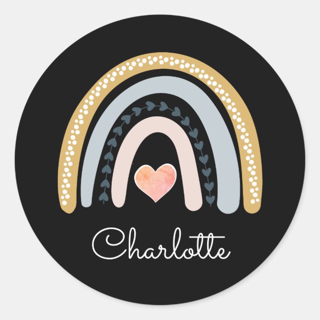 Sticker Rond Boho personnalisé aquarelle arc-en-ciel noir (Devant)