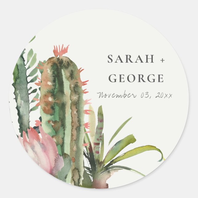 STICKER ROND BOHO PINK FLORAL DESERT CACTI FOLIAGE MARIAGE (Devant)