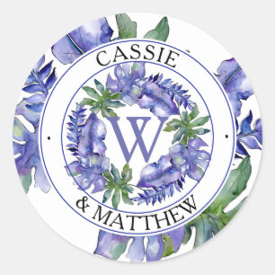 Sticker Rond Boho pourpre   Green Tropical Feuille Mariage