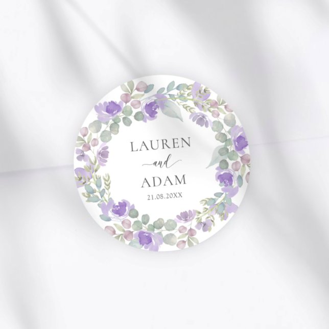Sticker Rond Boho Purple Floral Couples Names Wedding (Créateur téléchargé)
