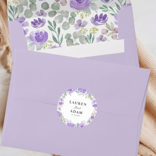 Sticker Rond Boho Purple Floral Couples Noms Mariage