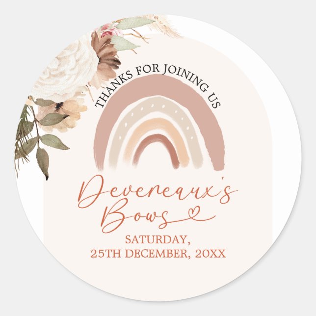 Sticker Rond Boho Rainbow Floral Devereaux's Bows Baby shower (Devant)