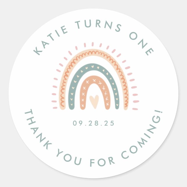 Sticker Rond Boho Rainbow Pastel premier anniversaire (Devant)