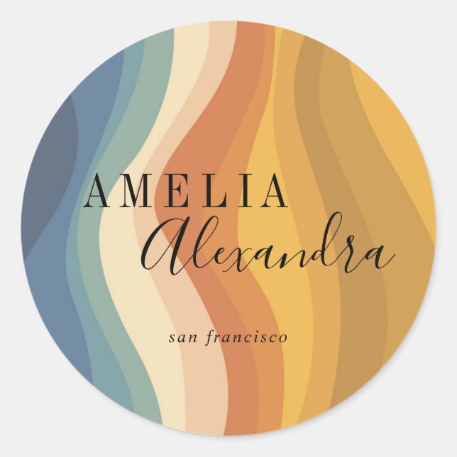 Sticker Rond Boho Retro Script Abstrait Wavy Lines Jaune Bleu (Devant)