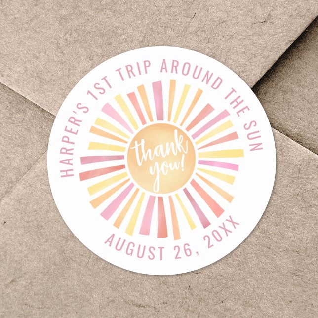 Sticker Rond Boho Rose 1er Voyage Autour Du Soleil (Pink Boho 1st Trip Around The Sun Classic Round Sticker )