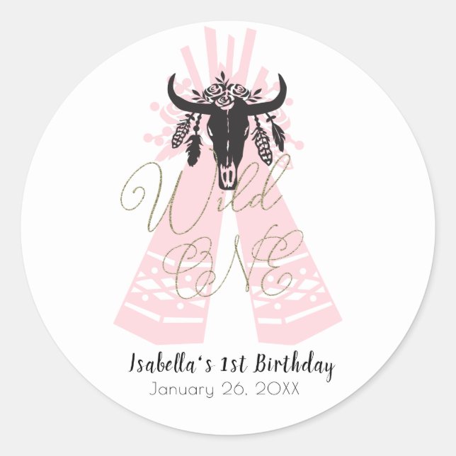 Sticker Rond Boho rose et noir Wild ONE Girl Anniversaire (Devant)