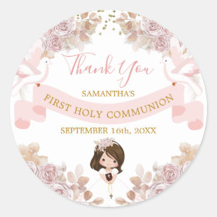 Sticker Rond Boho Rose Floral fille 1er Merci Communion