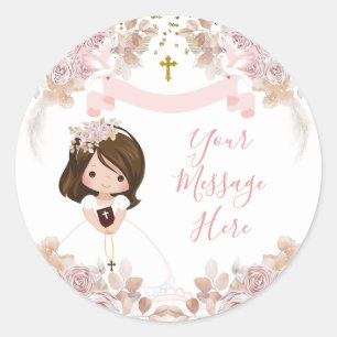 Sticker Rond Boho rose floral fille 1ère communion Votre messag