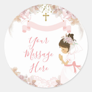 Sticker Rond Boho Rose Floral Girl FIRST Holy Communion Cross
