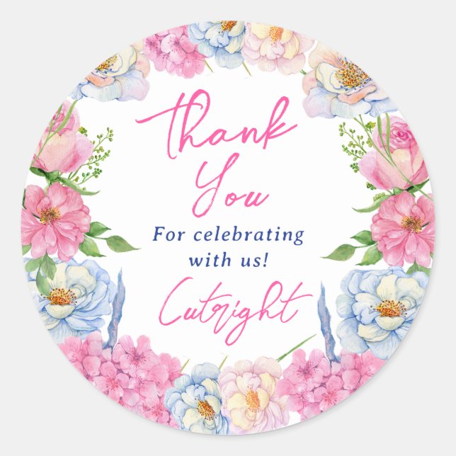 Sticker Rond Boho rose floral merci nuptiale douche classique (Devant)