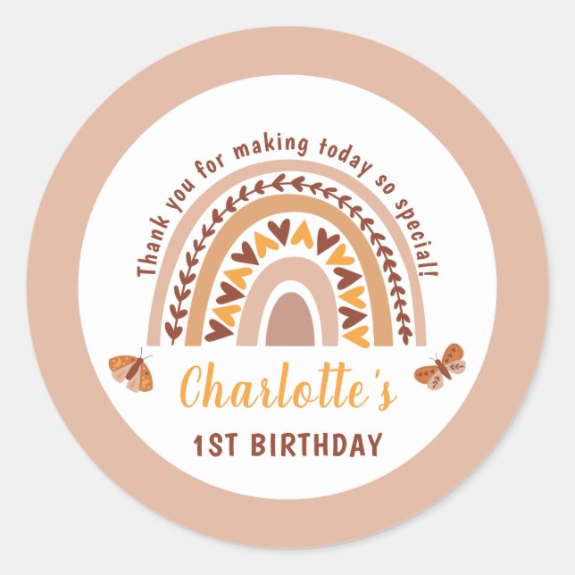 Sticker Rond Boho rose moderne arc-en-ciel 1er anniversaire Mer (Devant)