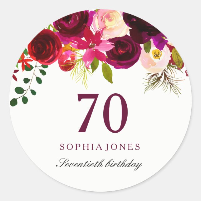 Sticker Rond Boho rouge bordeaux 70e fête d'anniversaire (Devant)