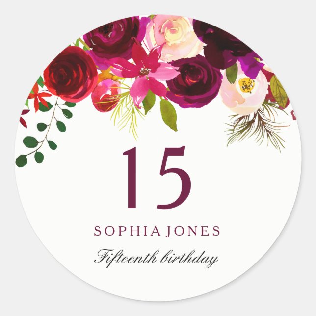 Sticker Rond Boho rouge Bourgogne 15e fête d'anniversaire (Devant)