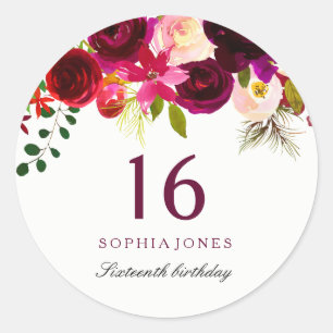 Sticker Rond Boho rouge Bourgogne 16e fête d'anniversaire