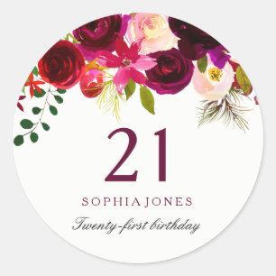 Sticker Rond Boho rouge Bourgogne 21e fête d'anniversaire