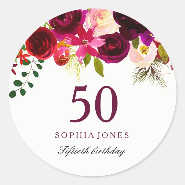 Sticker Rond Boho rouge Bourgogne 50e fête d'anniversaire (Devant)