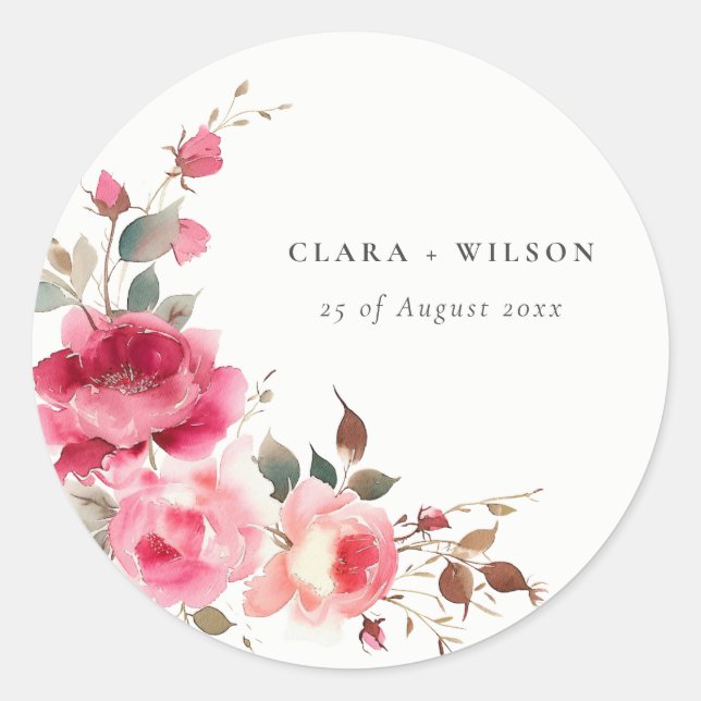 Sticker Rond Boho Rouge Rose Fleurs Mariage d'aquarelle (Devant)