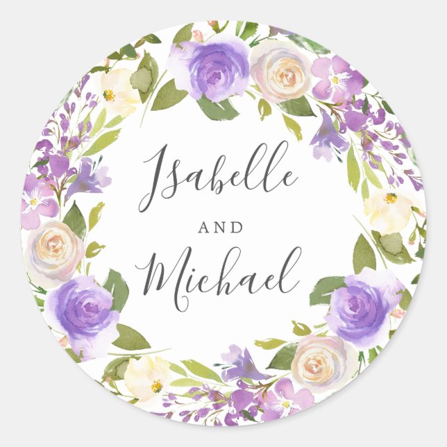 Sticker Rond Boho Russe violet Mariage de monogramme floral (Devant)