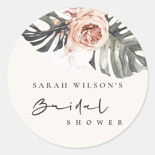 STICKER ROND BOHO RUST BLUSH MONSTERA FLEUR BRIDAL SHOWER (Devant)